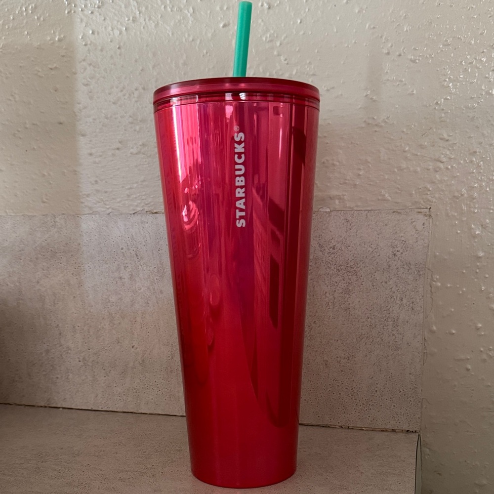 Starbucks Metallic Red Tumbler with Green Straw
